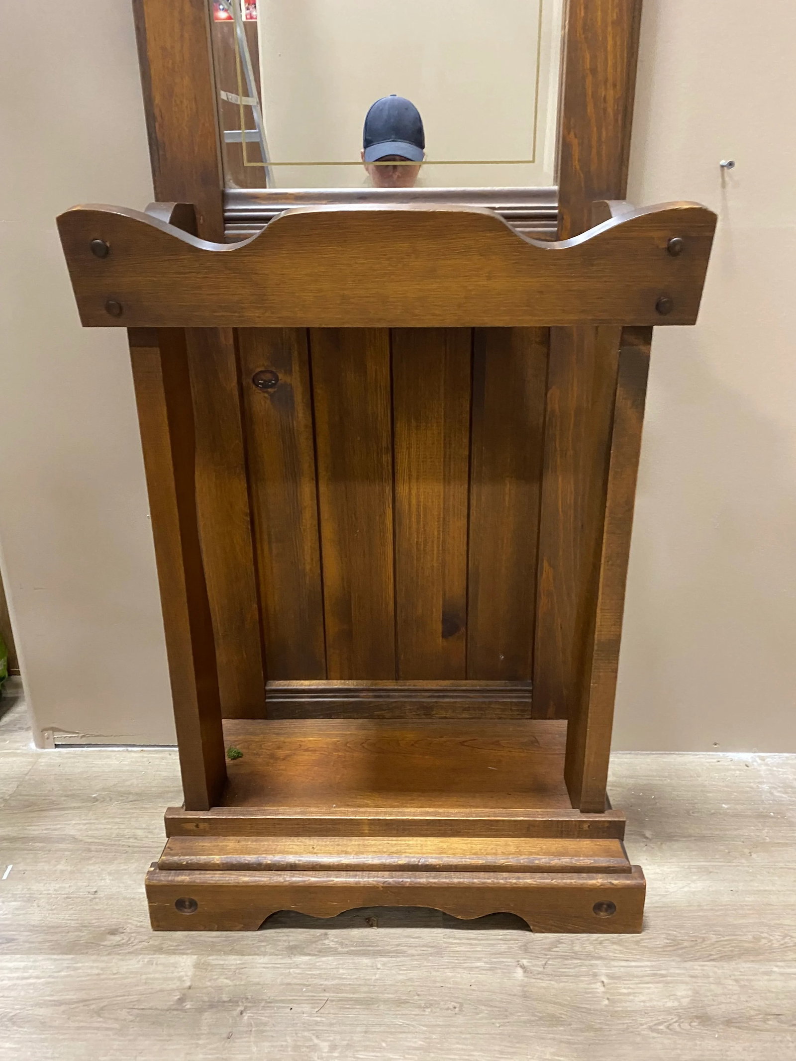 Vintage Wood Hall Tree With Shelf - 2