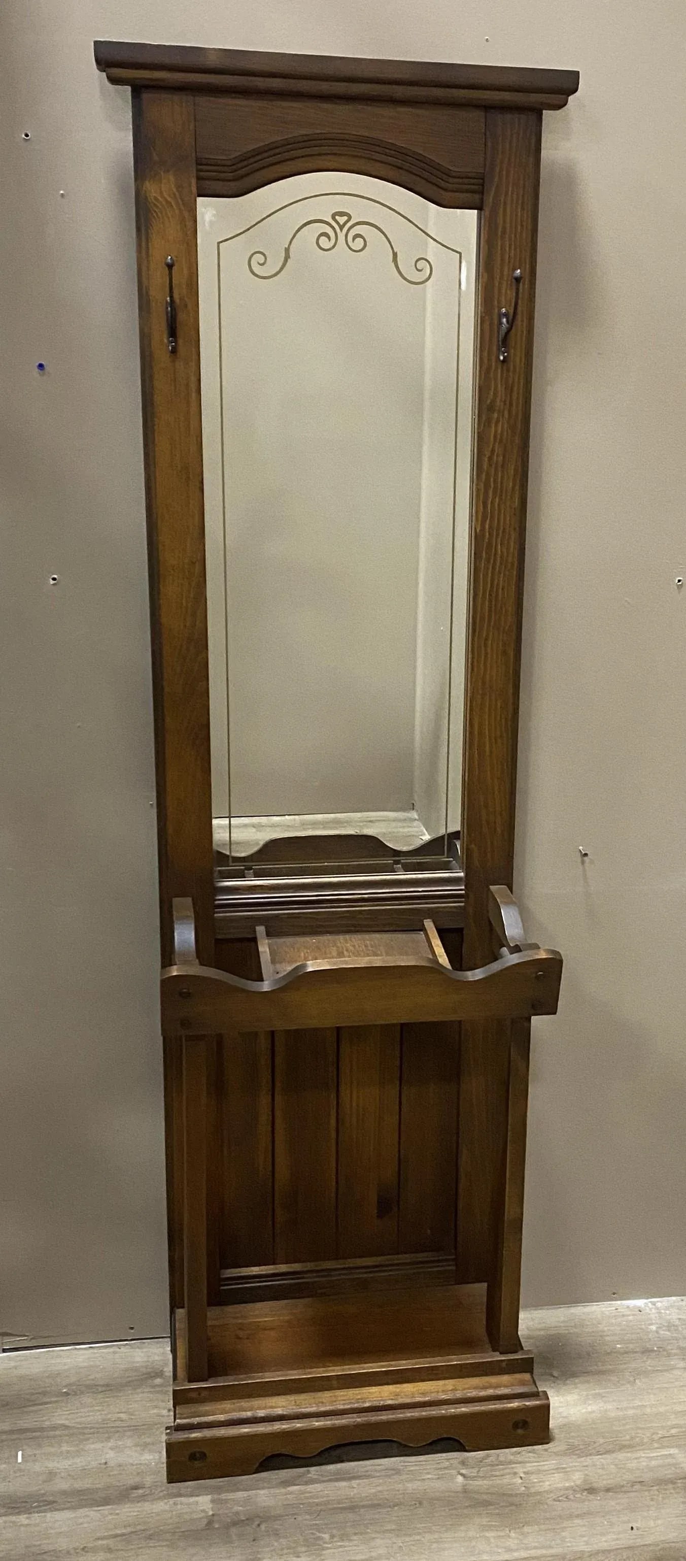 Vintage Wood Hall Tree With Shelf - 9