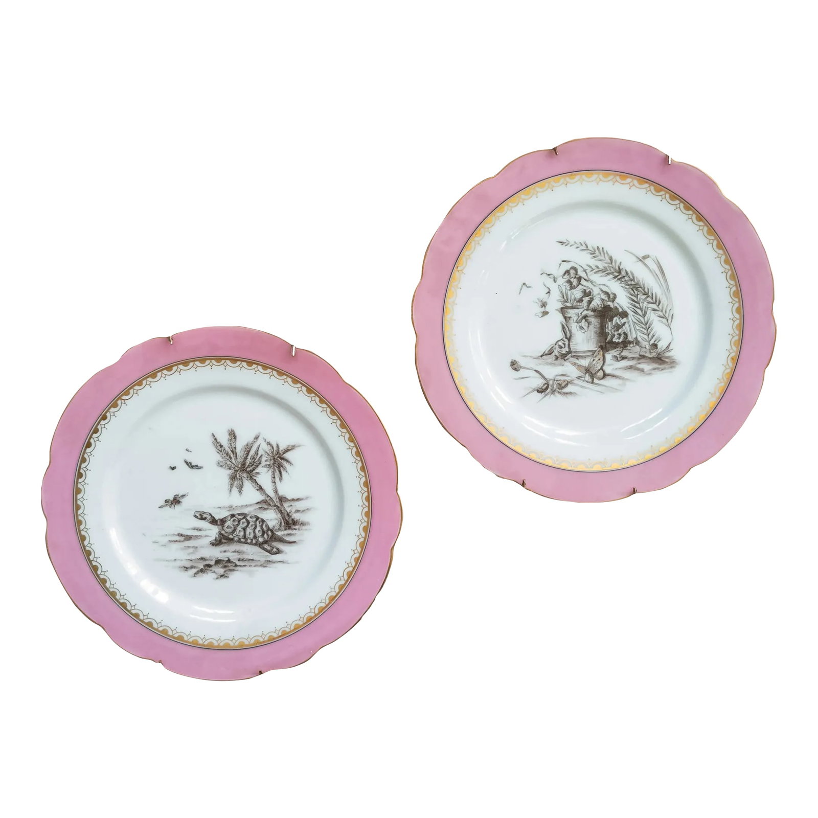 19th Century Pair of Decorative Wall Plates Animals and Pink Rim Attributed to Limoges France: We are selling this pair of very well painted decorative plates. This pair of plates comes from a larger set we are selling. They are of extremely high quality of grisaille pallette painting