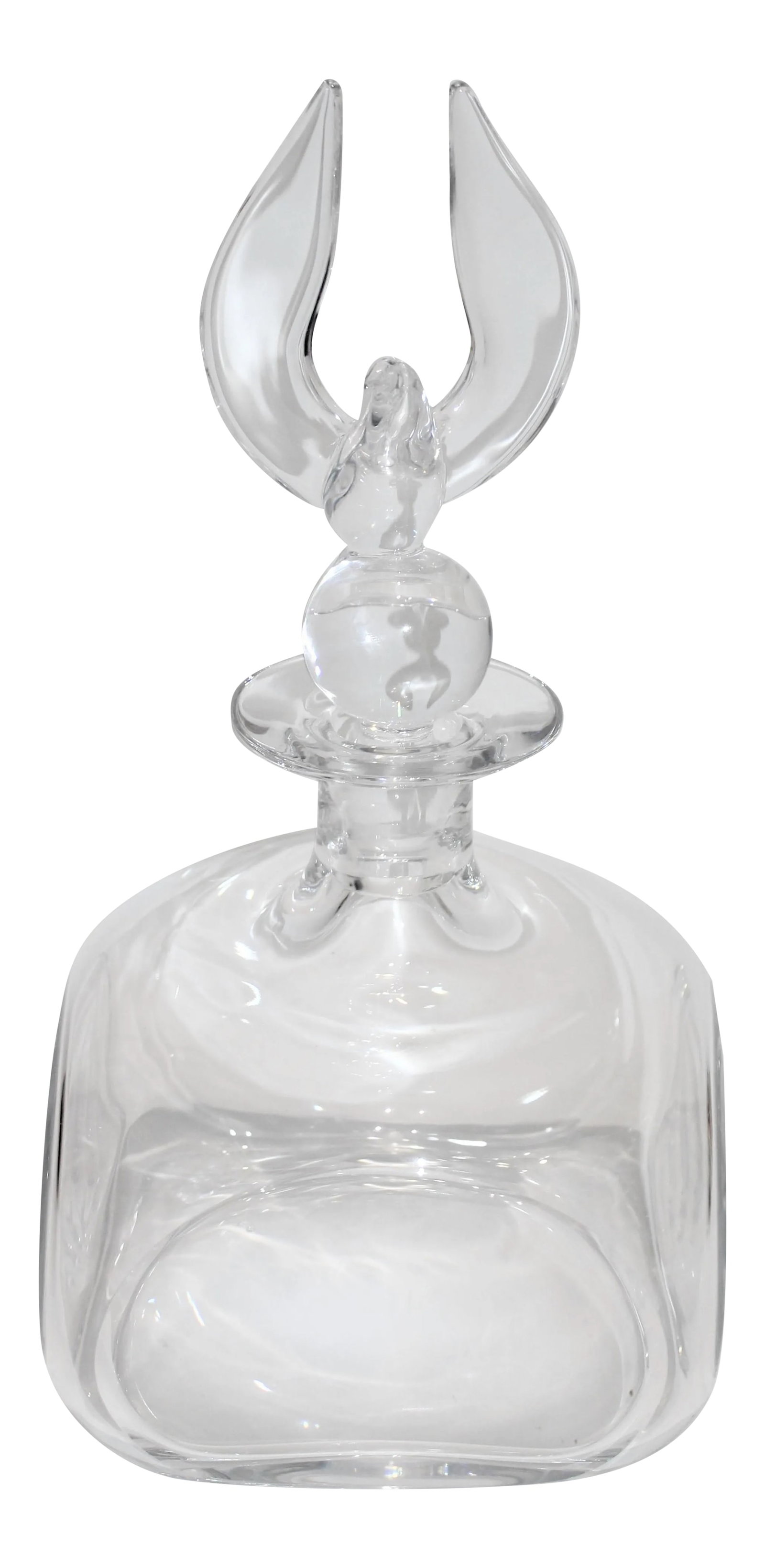 Steuben Lloyd Atkins Eagle Decanter Signed: Steuben Crystal Decanter with American Eagle Stopper on a ball, a stylized globe of the world (clear sphere), Designed by Lloyd Atkins, it was first introduced in 1973 and is no longer in production.