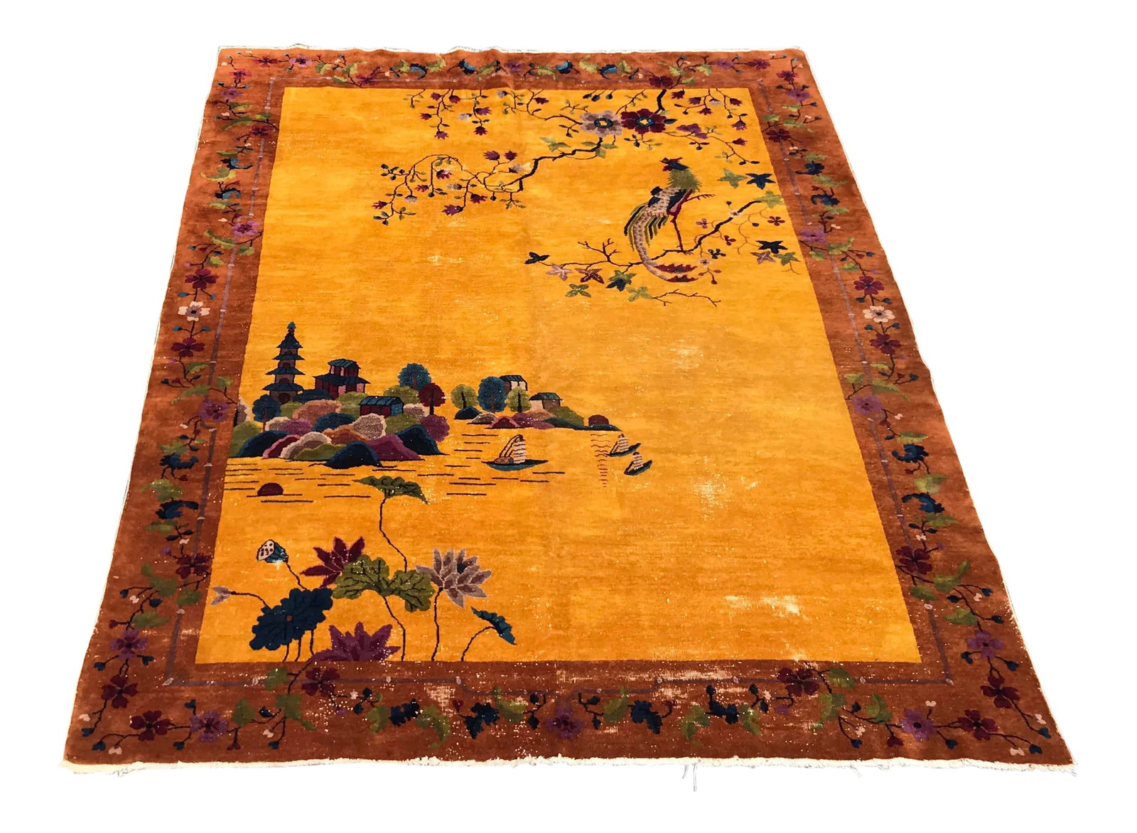 1920s Art Deco Chinese Rug- 8'11" X 11'5": An awesome antique vintage design Art Deco Chinese rug. It's beautiful golden background color. It is circa 1920s. It has been cleaned up by professional rug cleaners. It absolutely gorgeous. It is