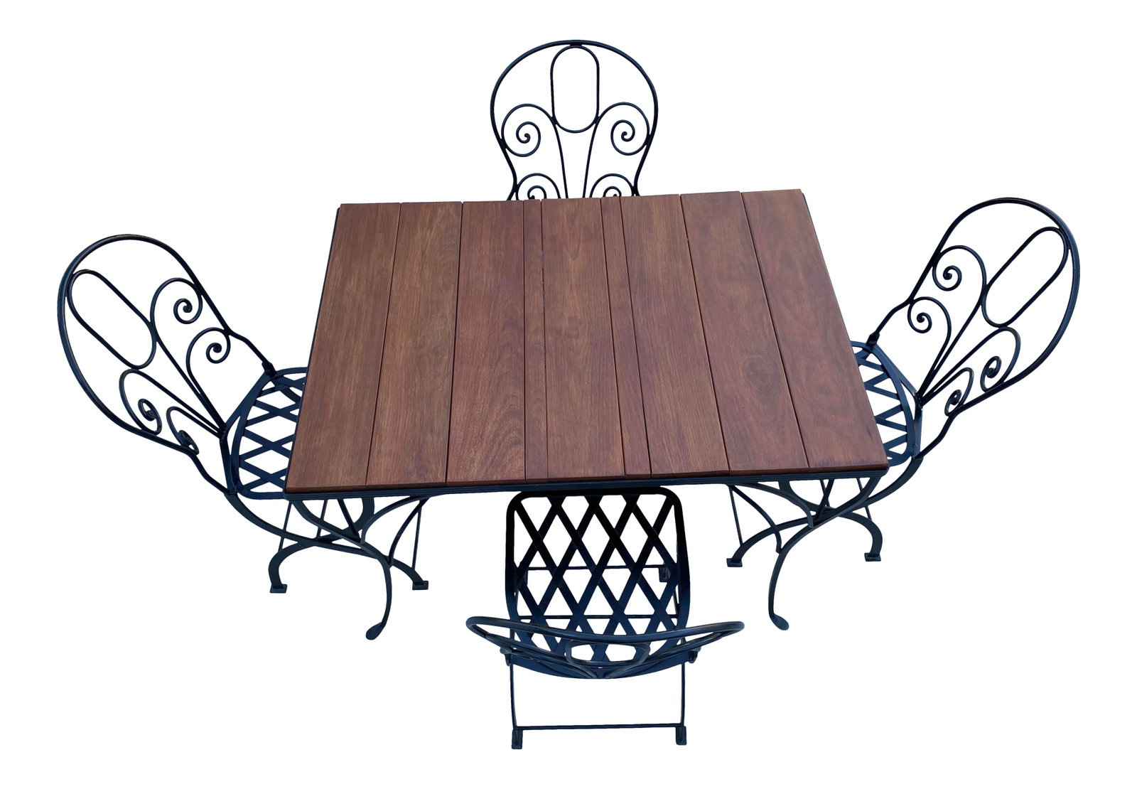 Mexican Modern Wrought Iron Outdoor Dining Set: Great looking vintage Mexican modern patio dining set. Table top newly made with Brazilian ipe wood. Each chair measures 17" wide and 21" deep and the back of 2 chairs measures 36" and the other two c