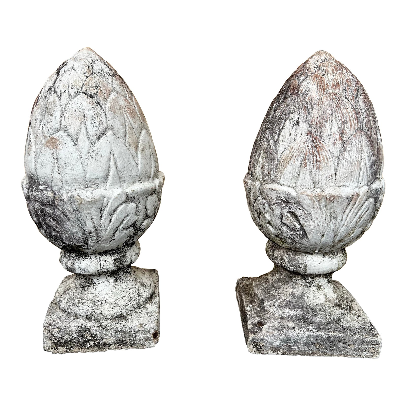 Vintage Boho Patinated Artichoke Concrete Garden Sculptures - A Pair: Vintage concrete artichoke garden ornaments/sculptures. A chic artichoke design with an amazing all over patina. Some weathering, discoloration and surface patina as shown in detail pics. Condition: