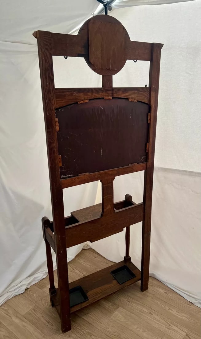 Early 20th Century Antique Arts and Crafts Hall Tree Mirror Oak Drawer Umbrella Stand Hat Rack - 11
