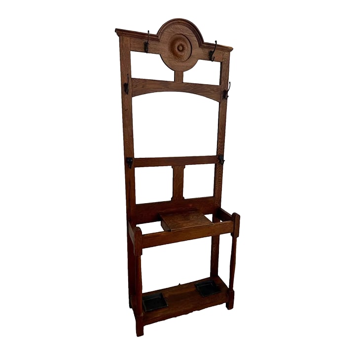 Early 20th Century Antique Arts and Crafts Hall Tree Mirror Oak Drawer Umbrella Stand Hat Rack (1 of 11)