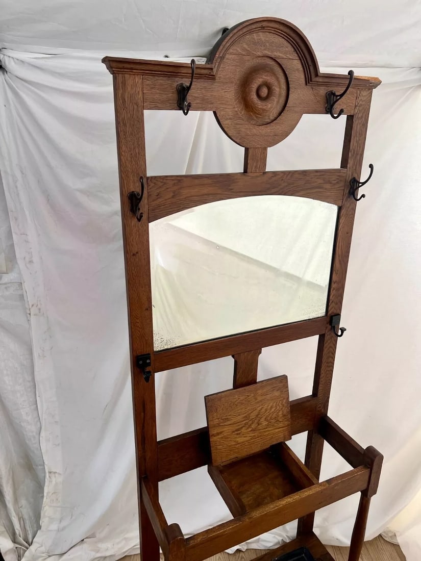Early 20th Century Antique Arts and Crafts Hall Tree Mirror Oak Drawer Umbrella Stand Hat Rack - 2