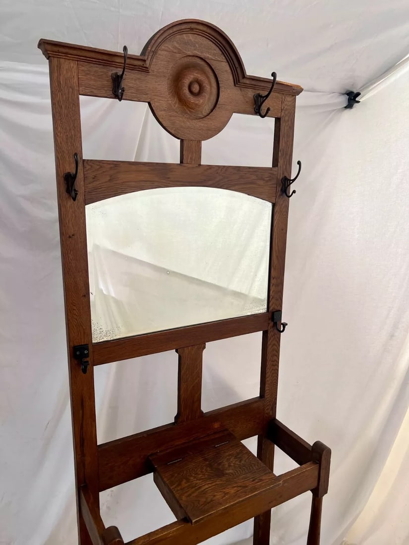 Early 20th Century Antique Arts and Crafts Hall Tree Mirror Oak Drawer Umbrella Stand Hat Rack - 3