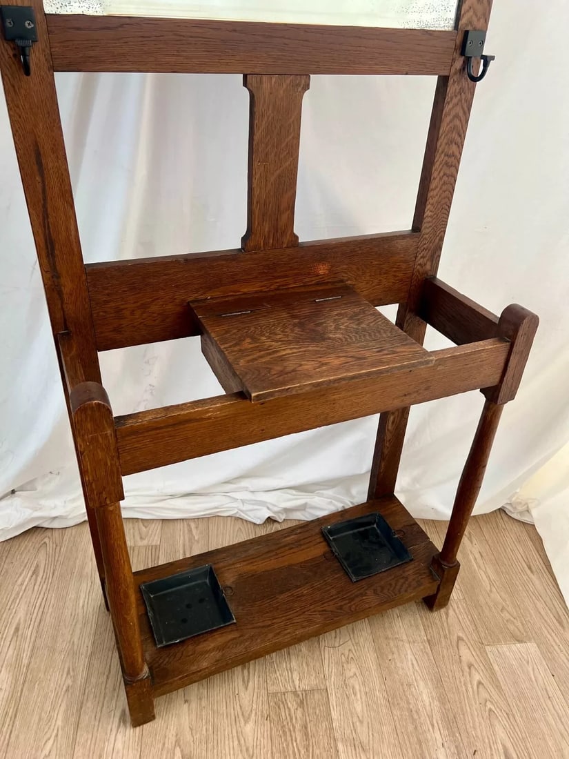 Early 20th Century Antique Arts and Crafts Hall Tree Mirror Oak Drawer Umbrella Stand Hat Rack - 4