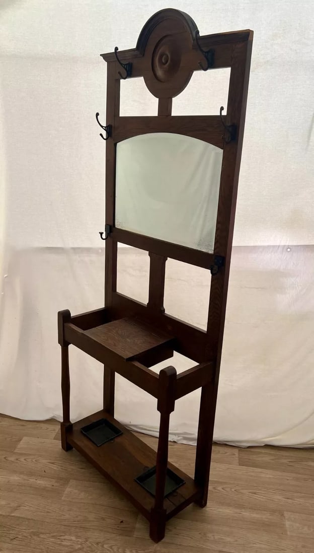Early 20th Century Antique Arts and Crafts Hall Tree Mirror Oak Drawer Umbrella Stand Hat Rack - 5