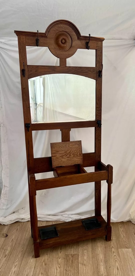 Early 20th Century Antique Arts and Crafts Hall Tree Mirror Oak Drawer Umbrella Stand Hat Rack - 6