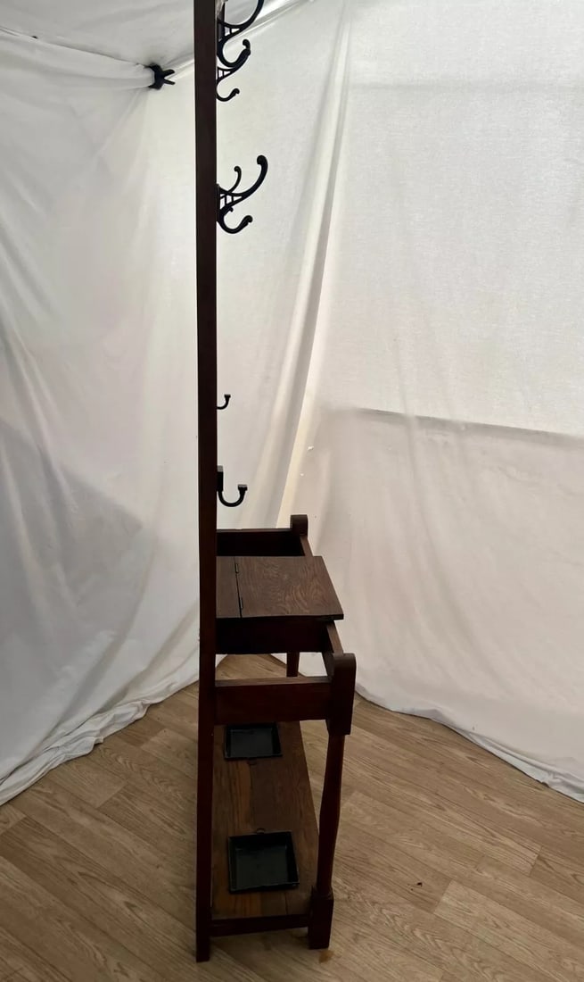 Early 20th Century Antique Arts and Crafts Hall Tree Mirror Oak Drawer Umbrella Stand Hat Rack - 7