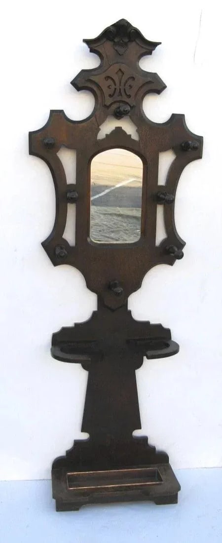 1870 Victorian Walnut Hall Tree With Mirror - 10