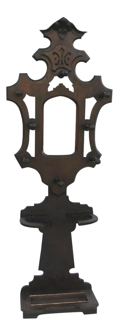 1870 Victorian Walnut Hall Tree With Mirror: American walnut hall tree with arched mirror and coat pegs and stick stand. Old finish. Copper drip pan liner. 1870 26 x 83 Condition: Alterations: Unknown Imperfections: Some Imperfections Condition 
