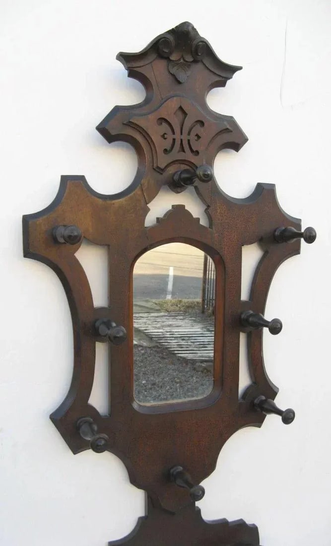 1870 Victorian Walnut Hall Tree With Mirror - 7