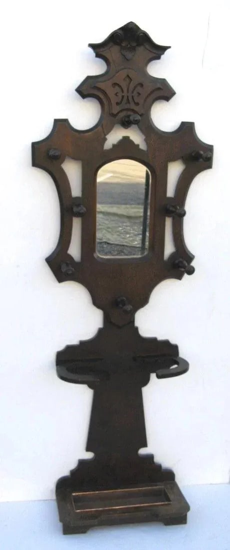1870 Victorian Walnut Hall Tree With Mirror - 8