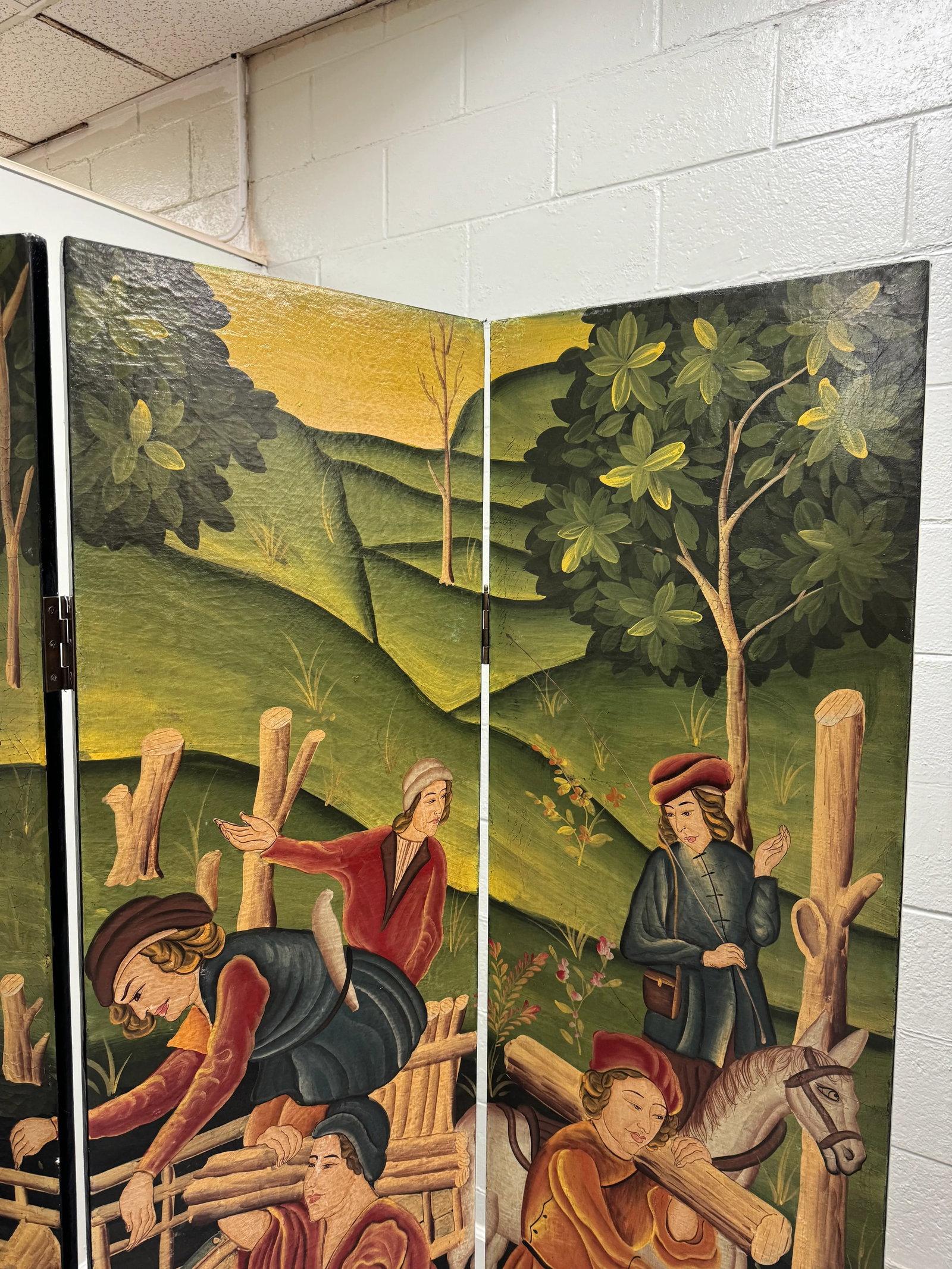 Late 20th Century 4-Panel Painted Colonial Scene Room Screen Divider - 12