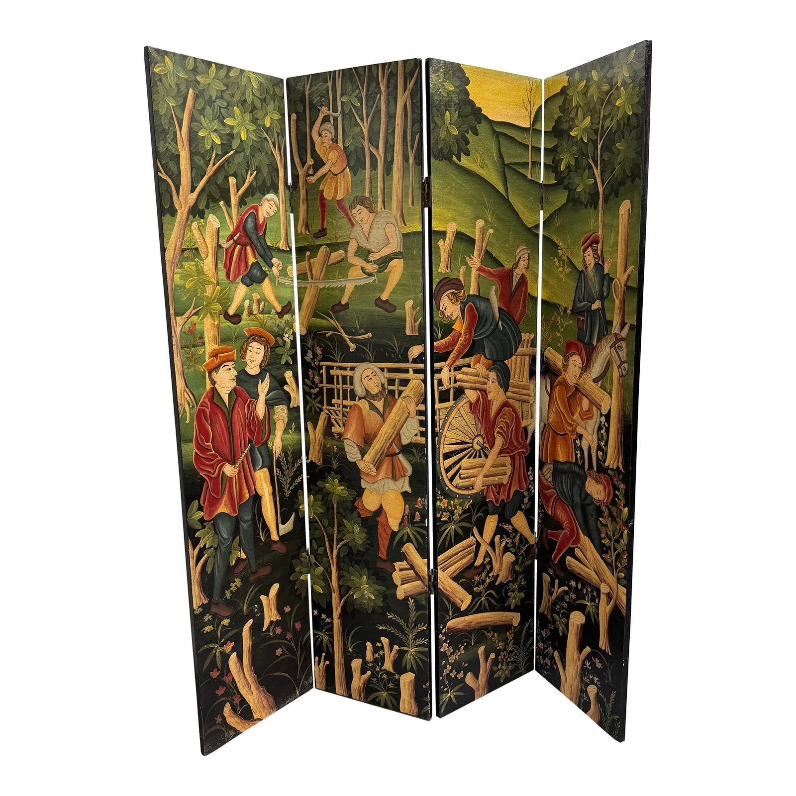 Late 20th Century 4-Panel Painted Colonial Scene Room Screen Divider (1 of 12)
