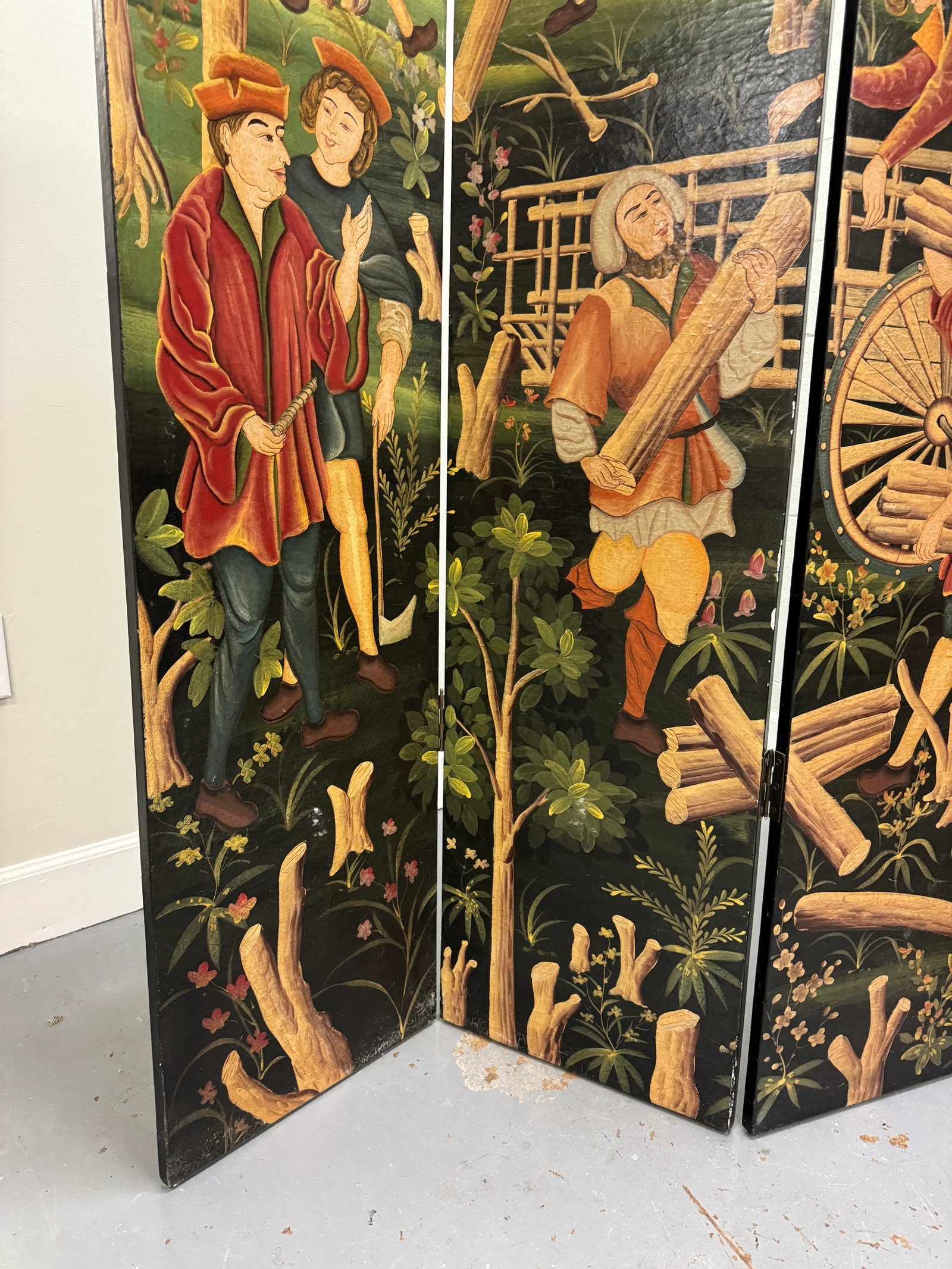 Late 20th Century 4-Panel Painted Colonial Scene Room Screen Divider - 5
