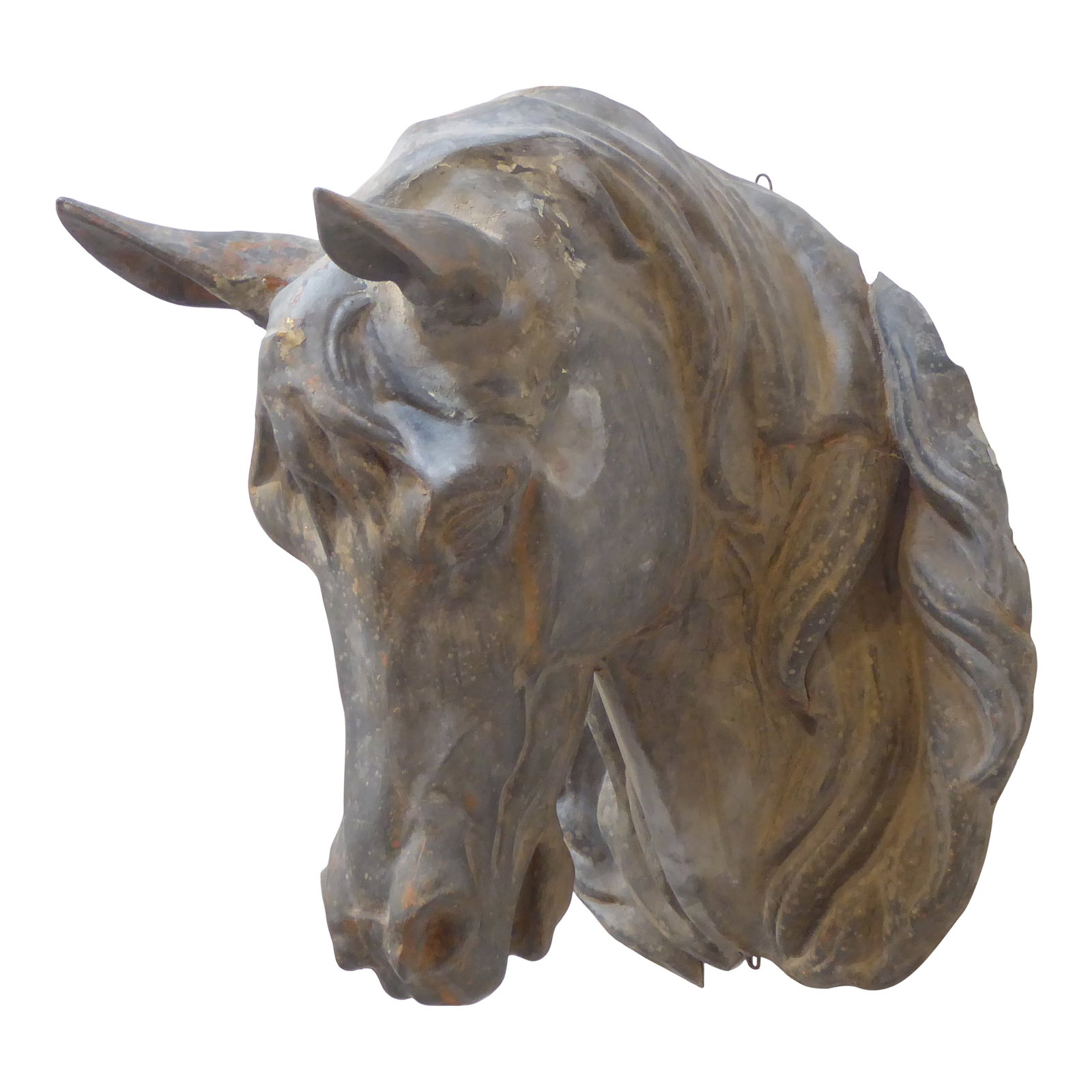Antique French Zinc Horse Head: This 19th Century Zinc horse head hangs on the wall. Condition: Alterations: Unknown Imperfections: Some Imperfections Condition Notes: Very Good, old patina, old repairs Origin: France Materials