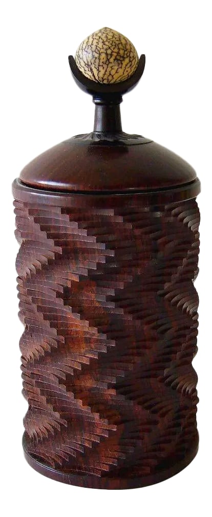 Jon Sauer California Modern Studio Exotic Woods Betel Nut Lidded Box: Zig zag patterned cocobolo, blackwood and betel nut lidded box created by Jon Sauer of San Francisco, California. Box measures 7" in height by 3" in diameter. In excellent vintage condition. Signed. S