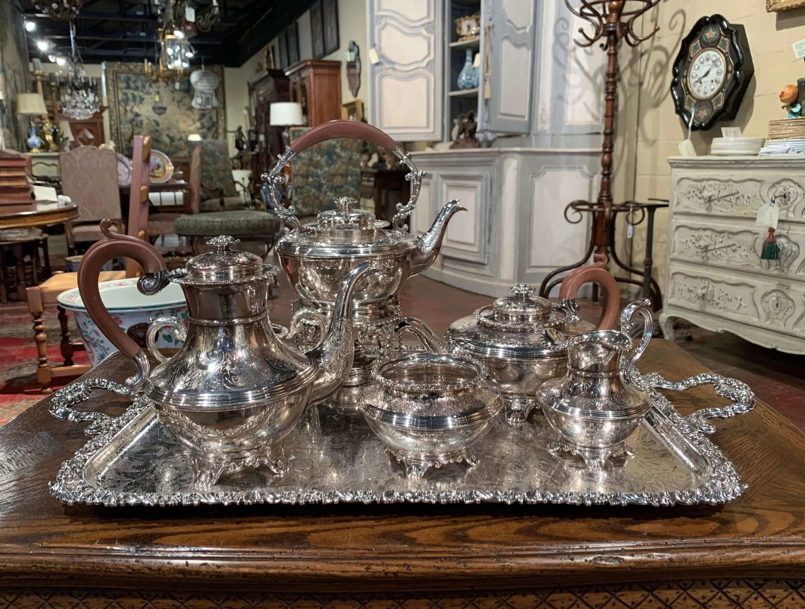 Mid-Century English Copper Silver Plated Tea Set and Tray Stamped Barker Ellis - 13