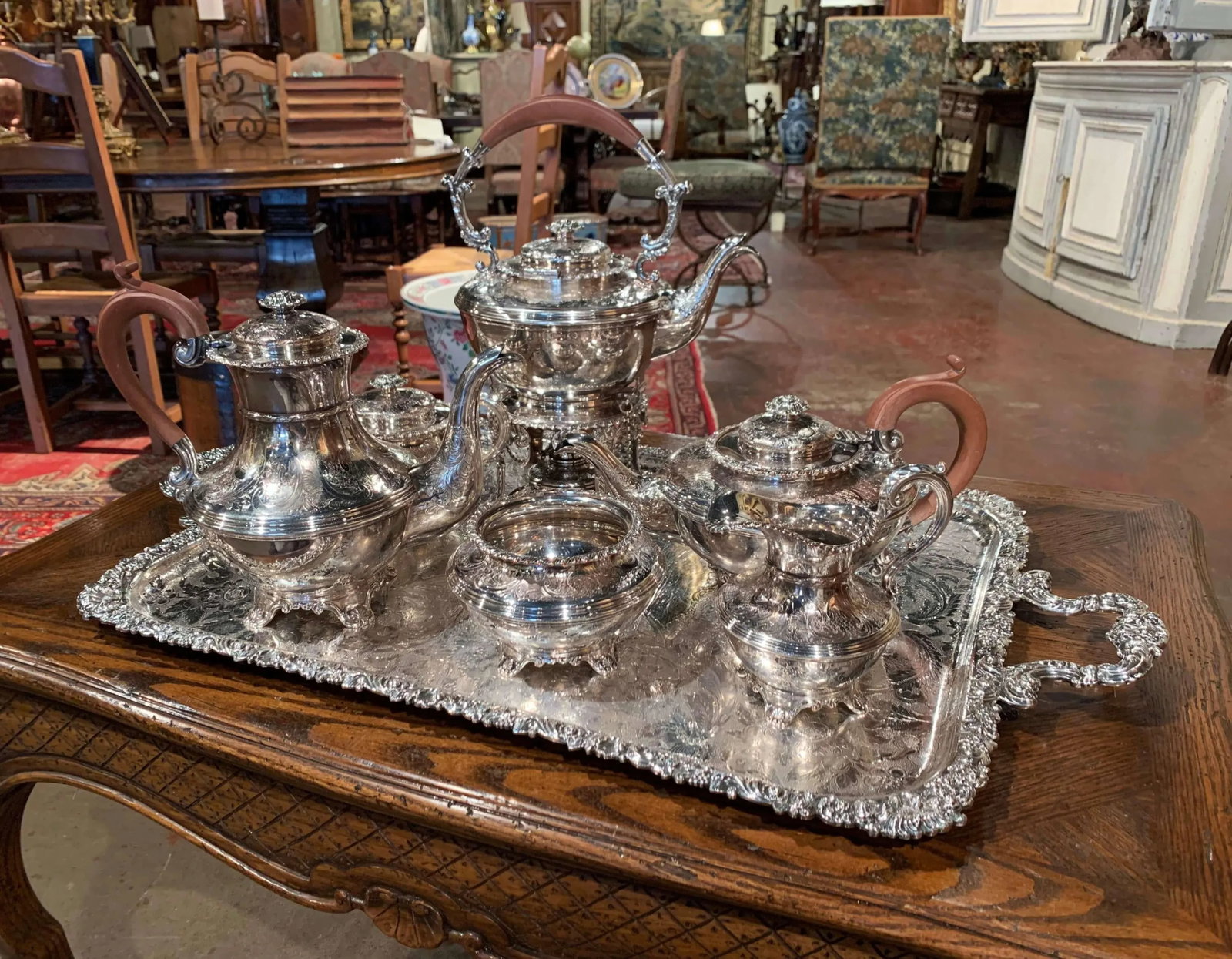 Mid-Century English Copper Silver Plated Tea Set and Tray Stamped Barker Ellis - 2