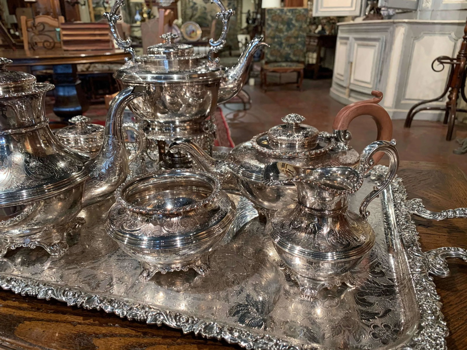 Mid-Century English Copper Silver Plated Tea Set and Tray Stamped Barker Ellis - 3