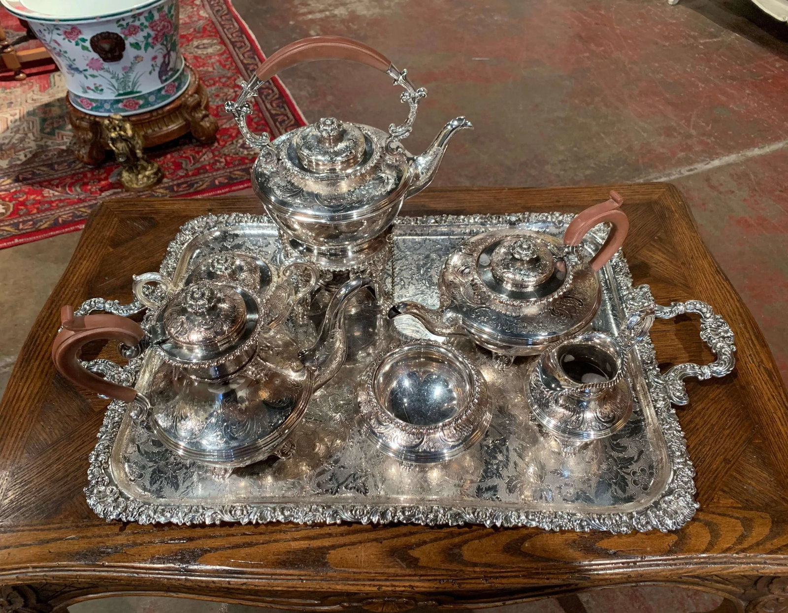 Mid-Century English Copper Silver Plated Tea Set and Tray Stamped Barker Ellis - 4