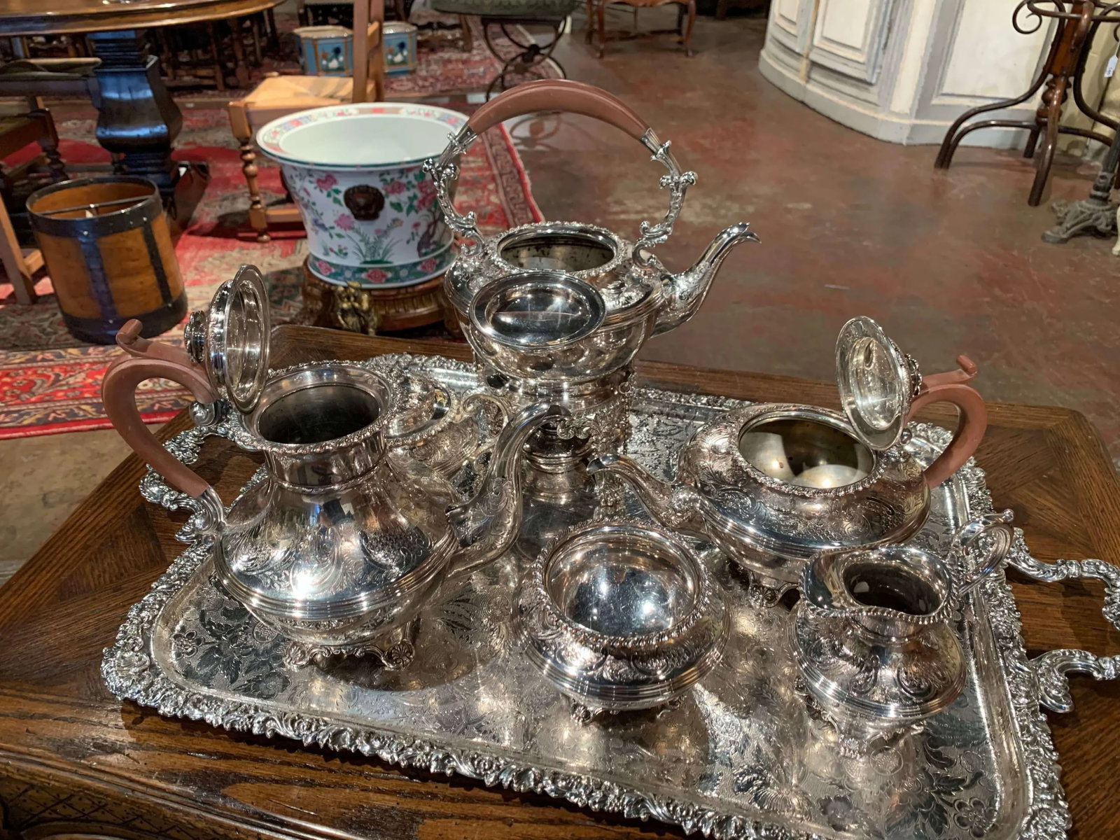 Mid-Century English Copper Silver Plated Tea Set and Tray Stamped Barker Ellis - 6