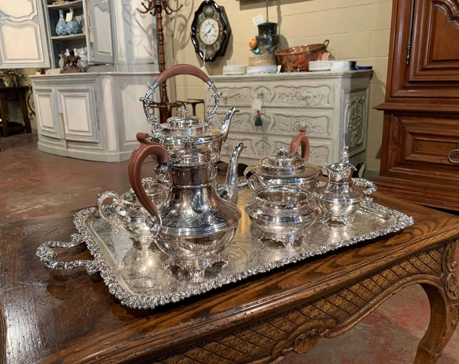 Mid-Century English Copper Silver Plated Tea Set and Tray Stamped Barker Ellis - 7
