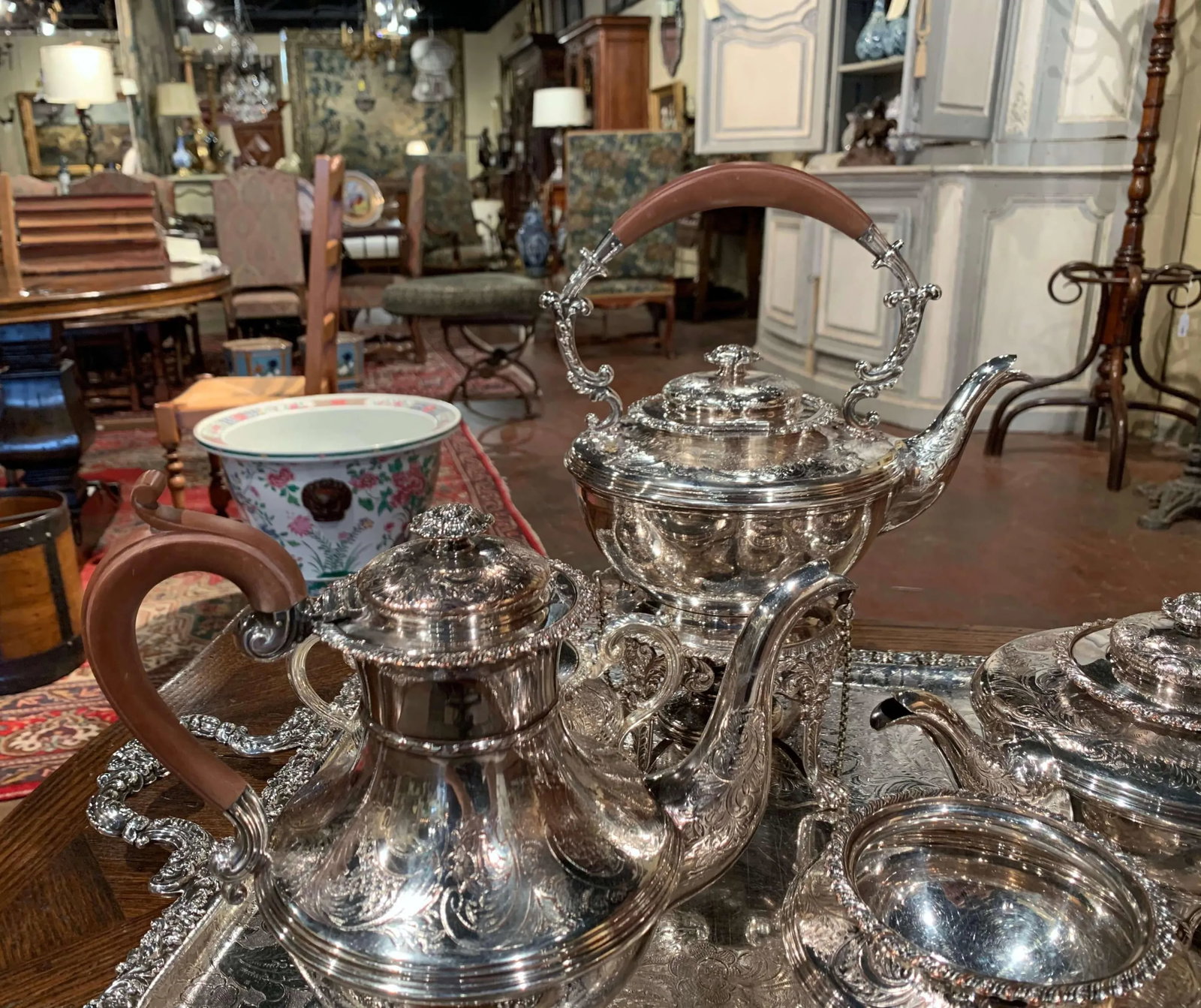 Mid-Century English Copper Silver Plated Tea Set and Tray Stamped Barker Ellis - 8