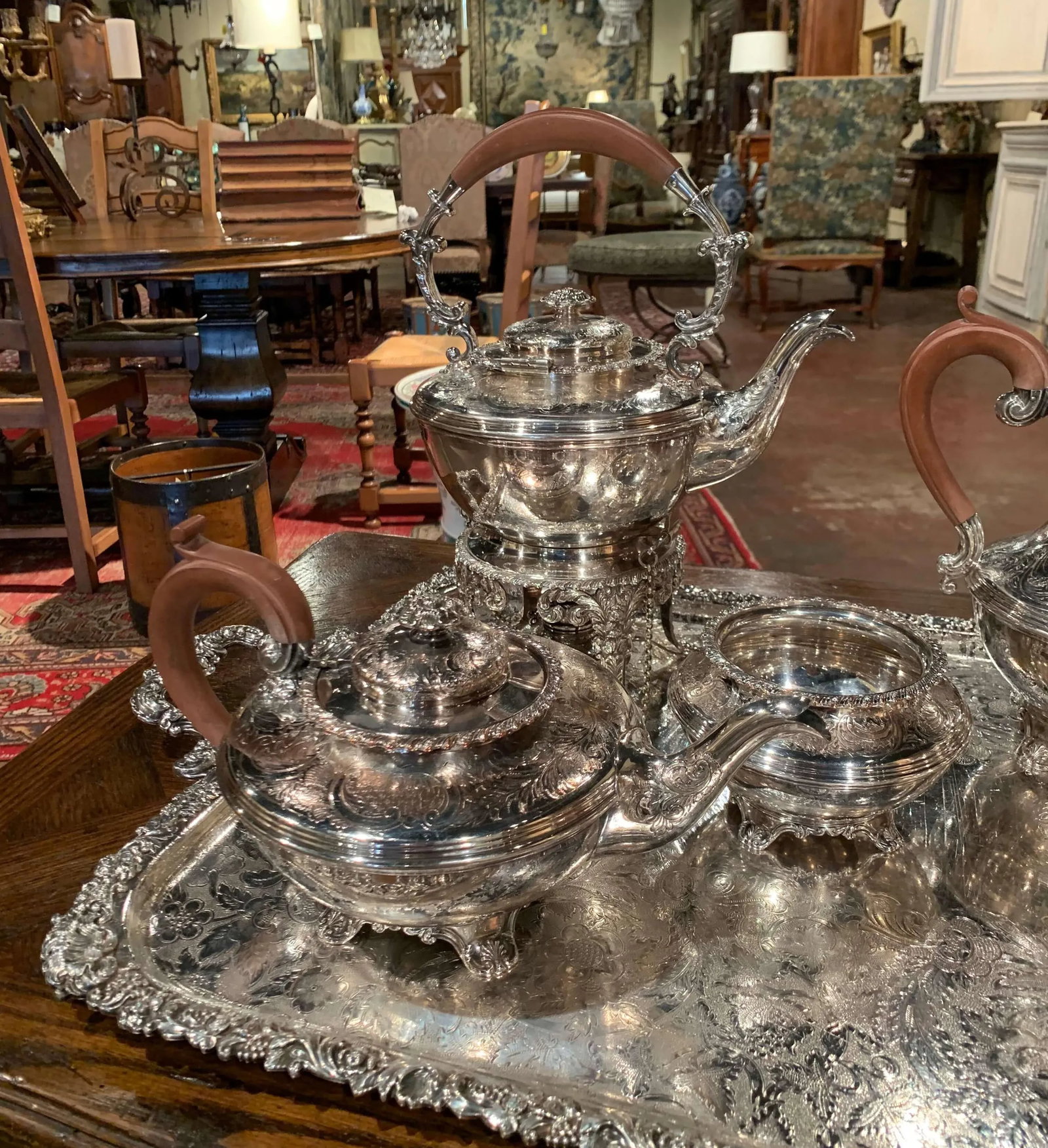 Mid-Century English Copper Silver Plated Tea Set and Tray Stamped Barker Ellis - 9