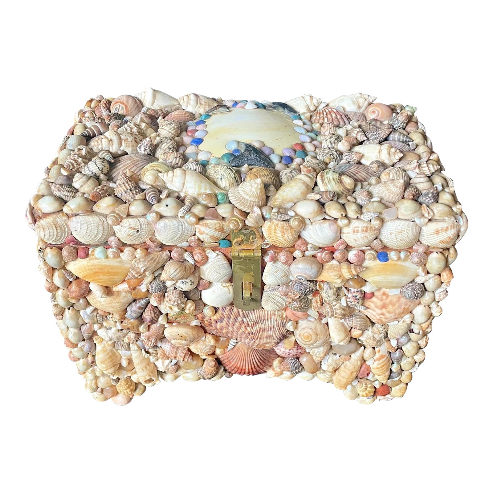Early 20th Century Shell Encrusted Jewelry/Sewing Box: Shell Encrusted Jewelry/Sewing Box Adorned with a mix of pastel and nature's sea palette of shells that are placed in a thoughtful design. Complete with two layers of storage. See photographs The