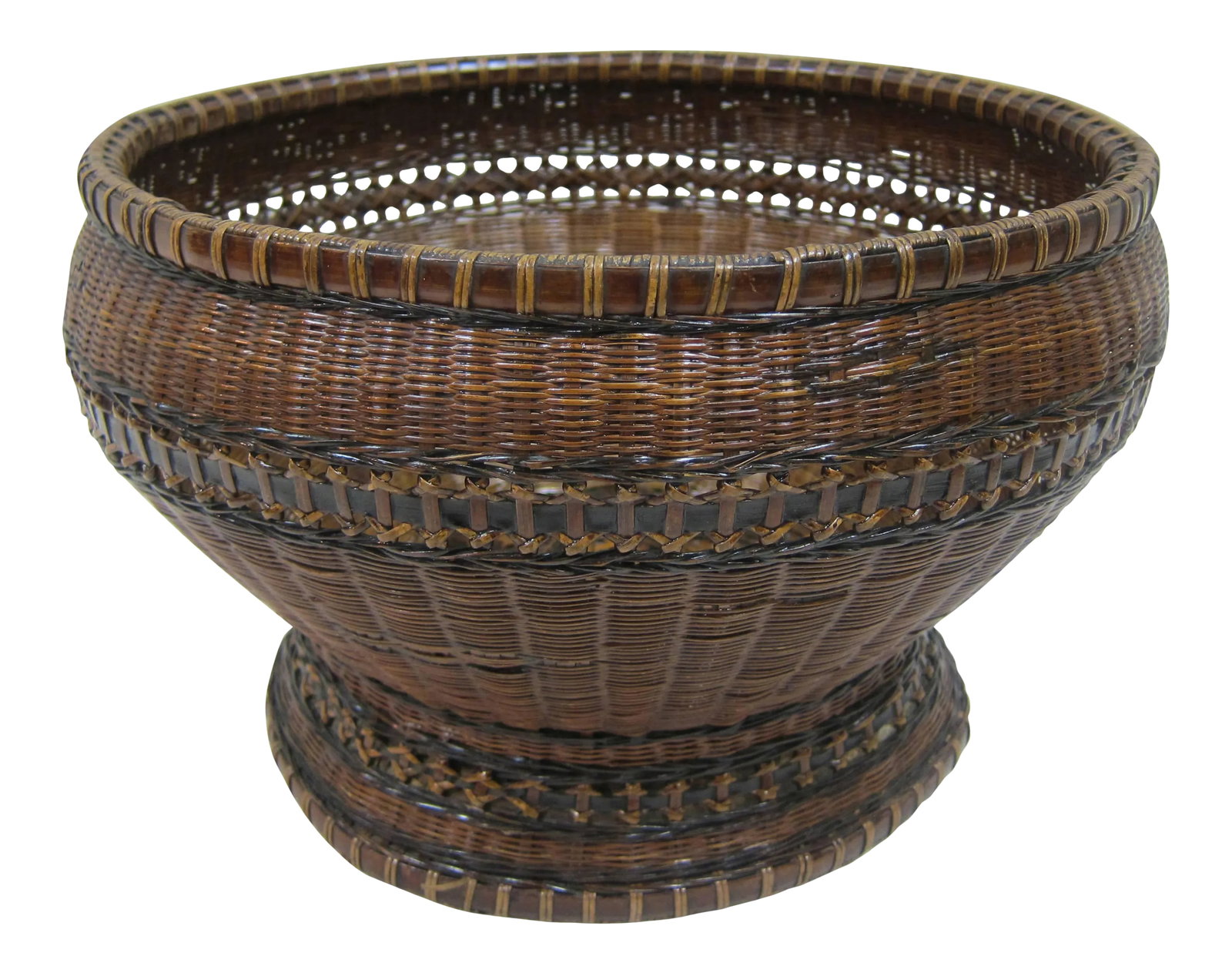 Antique Woven Basket Bowl: Antique Basket Bowl. Woven basketry bowl of rattan, reed and bamboo. Very good condition and very usable. Interesting Honeycomb pattern to inside base. Excellent for collection, display or every day u