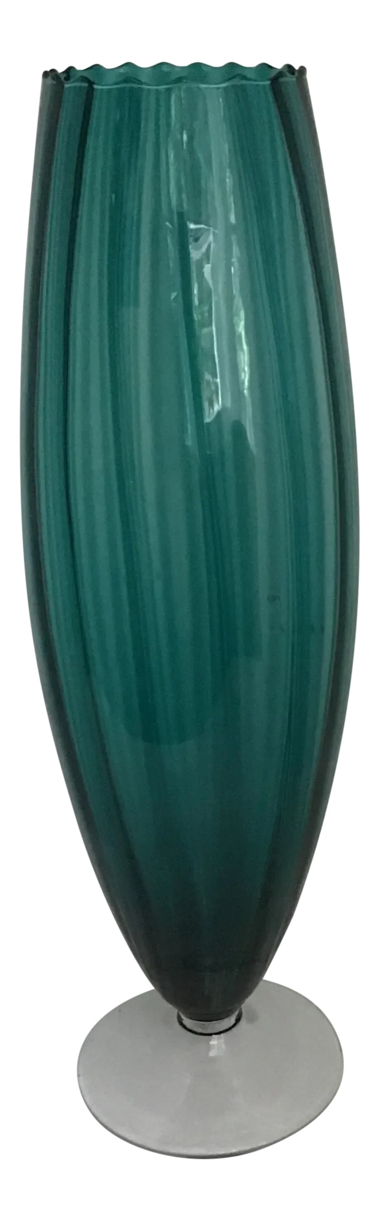 Mid 20th Century Murano Glass Blue Vase Vessel 18": 20th century blue vintage ribbed tall vase. As with all glass in color. Light changes the color as does dark. Beautiful in any room. Use by itself or with flowers. Condition: Alterations: Unknown Impe