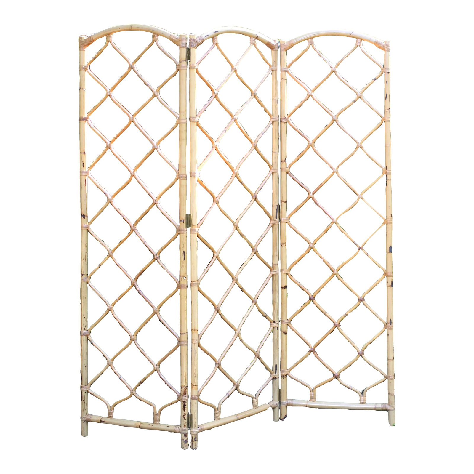 1970s Bamboo Screen or Divider: A 3 panel bamboo screen divider with a diamond like pattern and arched top panels. Connected with brass hinges and rattan cording. Great coastal grandmother or boho chic style. 73" tall 62 1/2" wide c
