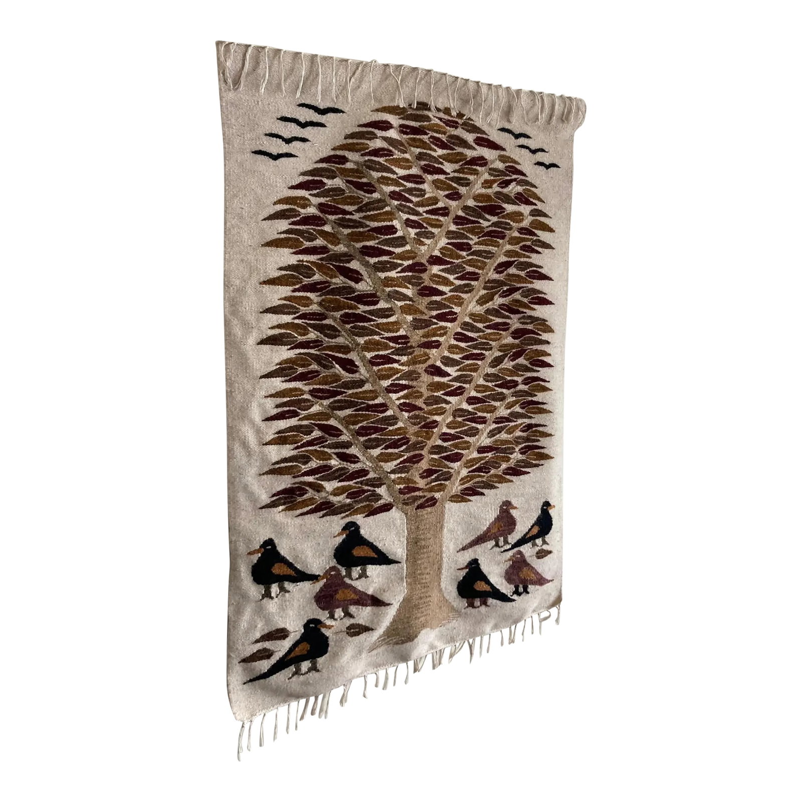 Mid Century Wool Tree of Life Tapestry: Beautiful Tree of Life tapestry. There is a wood bar/strip along the top to mount on the wall easily, it also has backing for to assist in the structure when hung on wall. Colors include plum (birds),