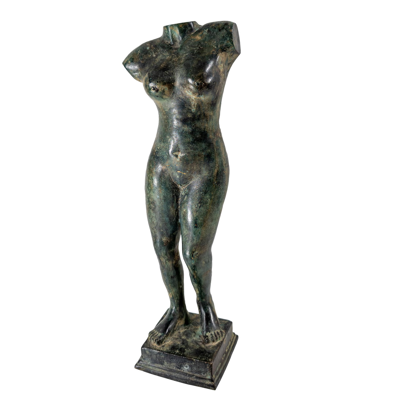 Mid-Century Decorative Verdigris Bronze Nude Female Figure: We are selling this Mid-Century cast bronze standing figure of a headless nude female torso. This figure is probably meant to imitate the classical designs with a modern inspiration and modest
