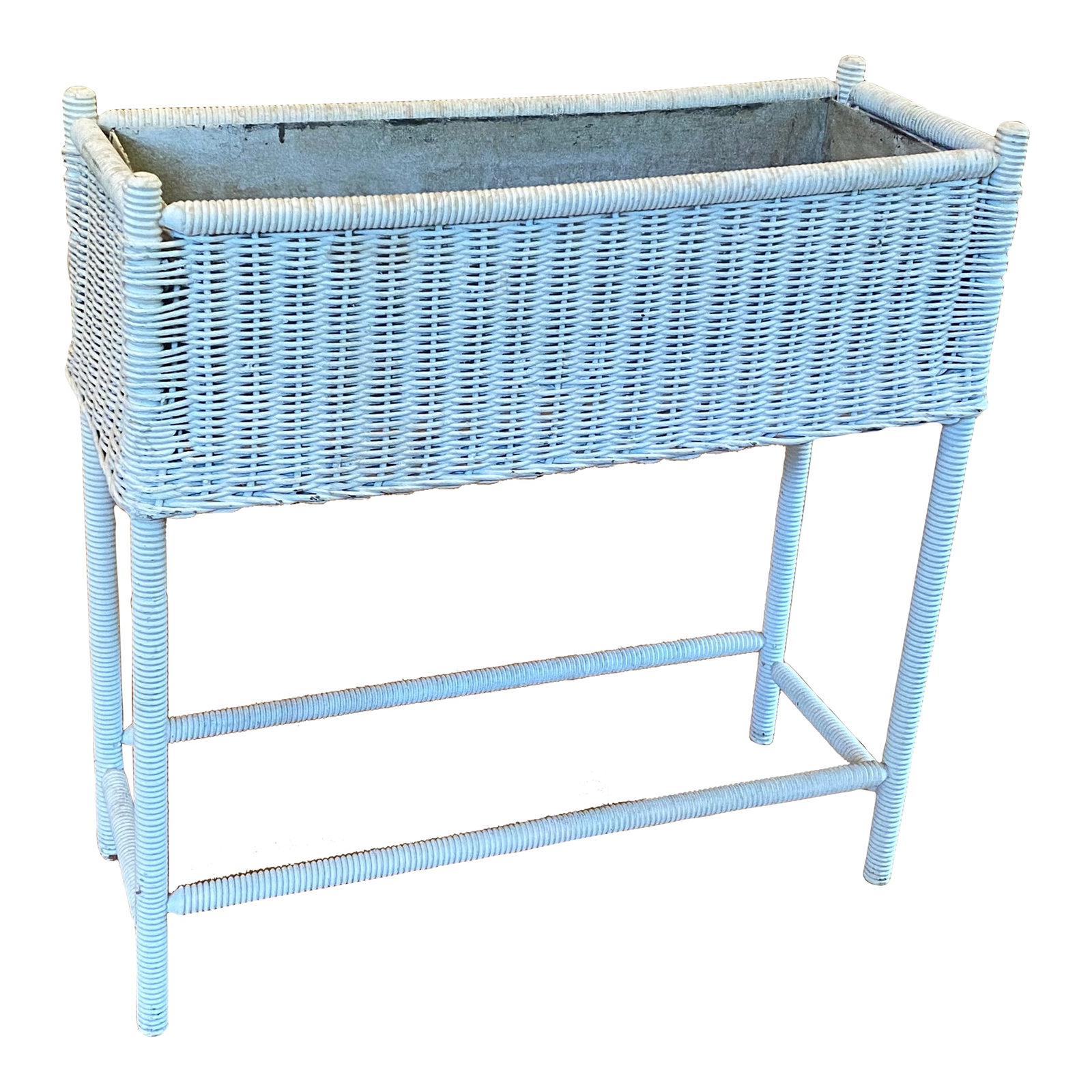 1920s Wicker Plant Stand: Antique wicker plant stand with metal container. In very good shape and sturdy enough to hold multiple plants. Condition: Alterations: Original Condition Unaltered Imperfections: Some Imperfections