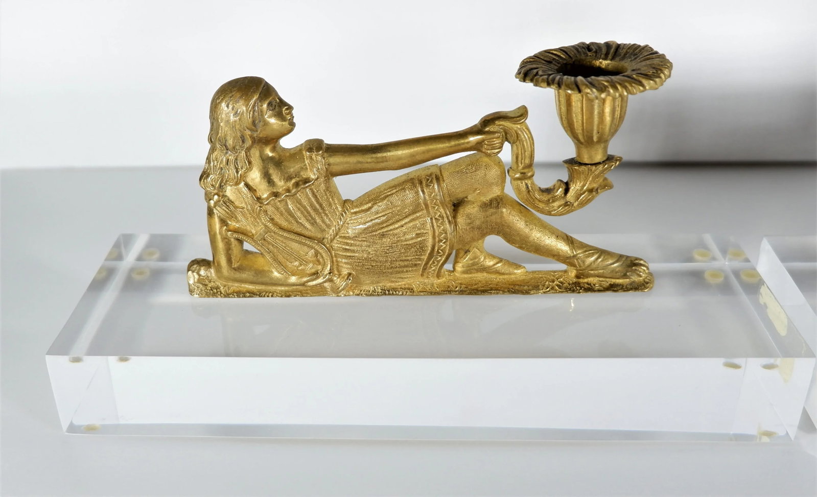 French Gold Gilt Candleholders of Reclining Women on Lucite Bases - a Pair - 2