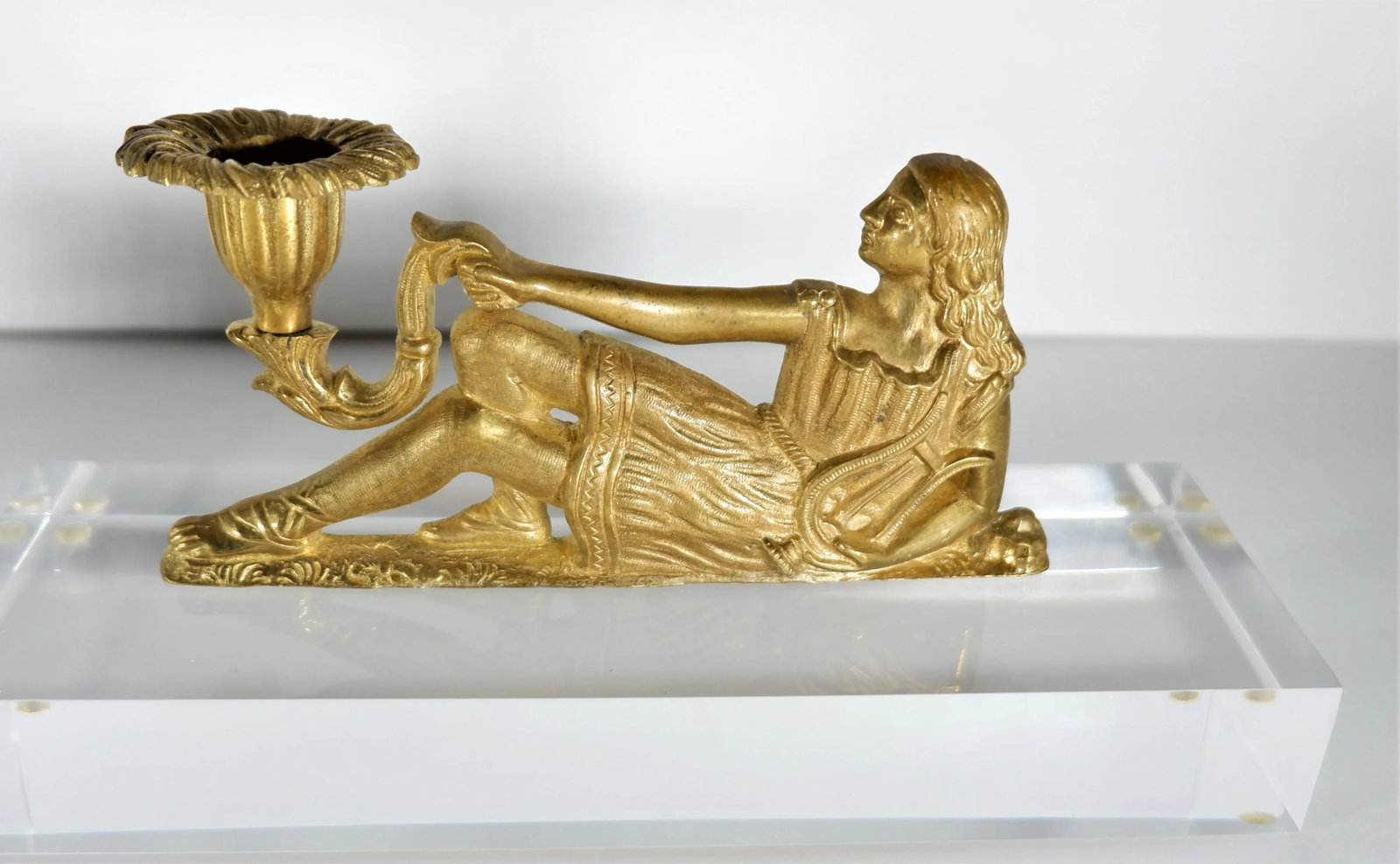French Gold Gilt Candleholders of Reclining Women on Lucite Bases - a Pair - 3