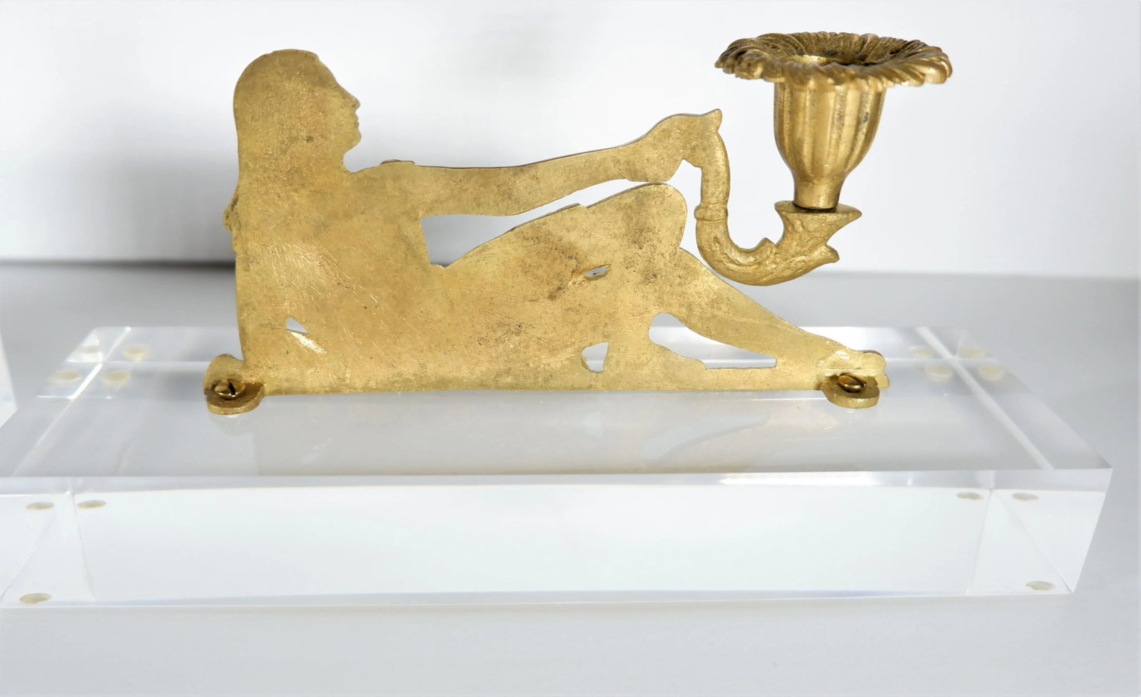 French Gold Gilt Candleholders of Reclining Women on Lucite Bases - a Pair - 4