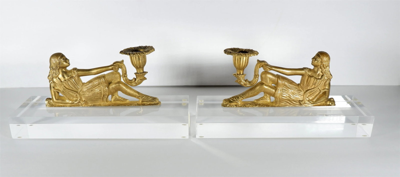 French Gold Gilt Candleholders of Reclining Women on Lucite Bases - a Pair - 7
