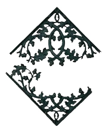 Vintage Acorn & Maple Leaf Cast Iron Brackets, Pair: Vintage cast iron brackets with acorn and maple leaves throughout. Top piece measures 16.75"L x .88"W x 15.88"H; bottom piece measures 19"L x .88"W x 13.13"H. Age wear, small chips, pieces missing.