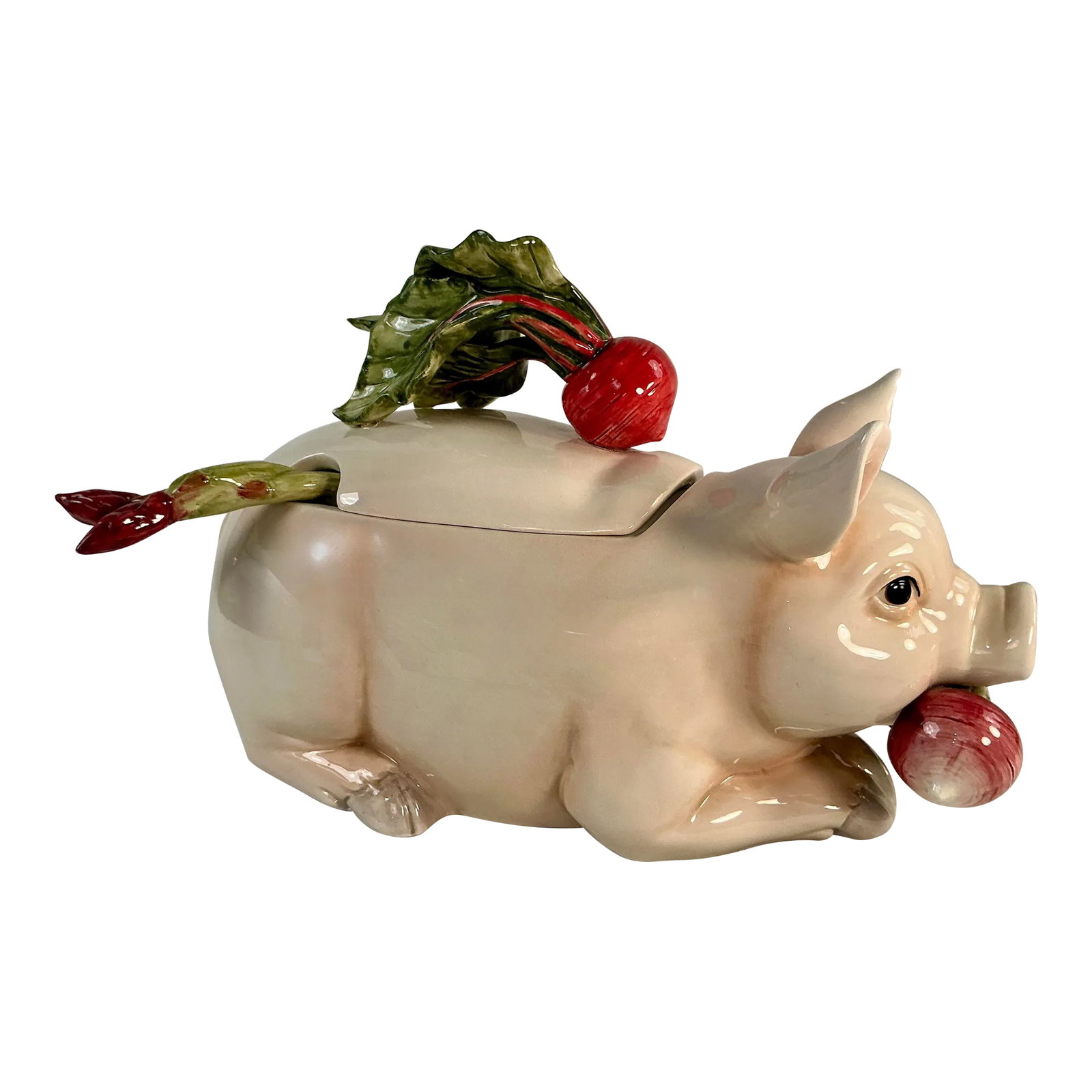 Vintage Fritz & Floyd Ceramic Pig Tureen & Ladle: This adorable vintage tureen is sure to be a conversation starter at your next gathering. It features a whimsical design of a playful pig with a removable beet on its back that serves as the lid. The 