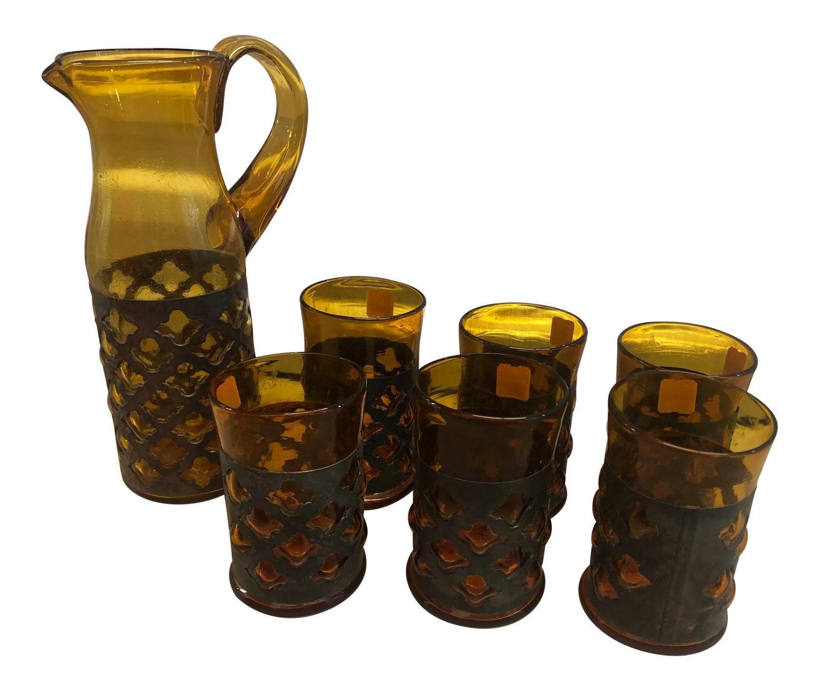 Mid-Century Modern Felipe Derflingher Caged Pitcher and Glasses - Set of 7: Stunning 1960's set of caged amber glasses with pitcher. Attributed to Felipe Derflingher. Made in Mexico. Never used, original price tags intact. Pitcher is 10.5" tall, 6" wide and 3.5" deep.
