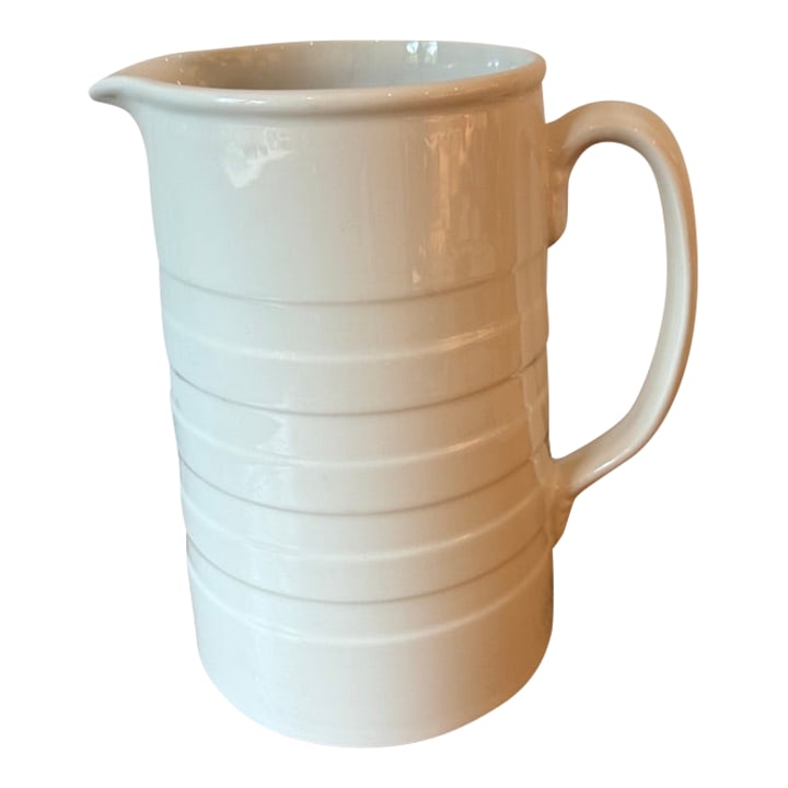 Late 20th Century Ralph Lauren Ironstone Pitcher Vase, Made in England: Beautiful Large Ralph Lauren Ironstone Pitcher or Vase, Made in England. Classic design with horizontal "stripes" giving it a very modern take. Measures 9.75" tall & 7" in diameter at the base. It is 