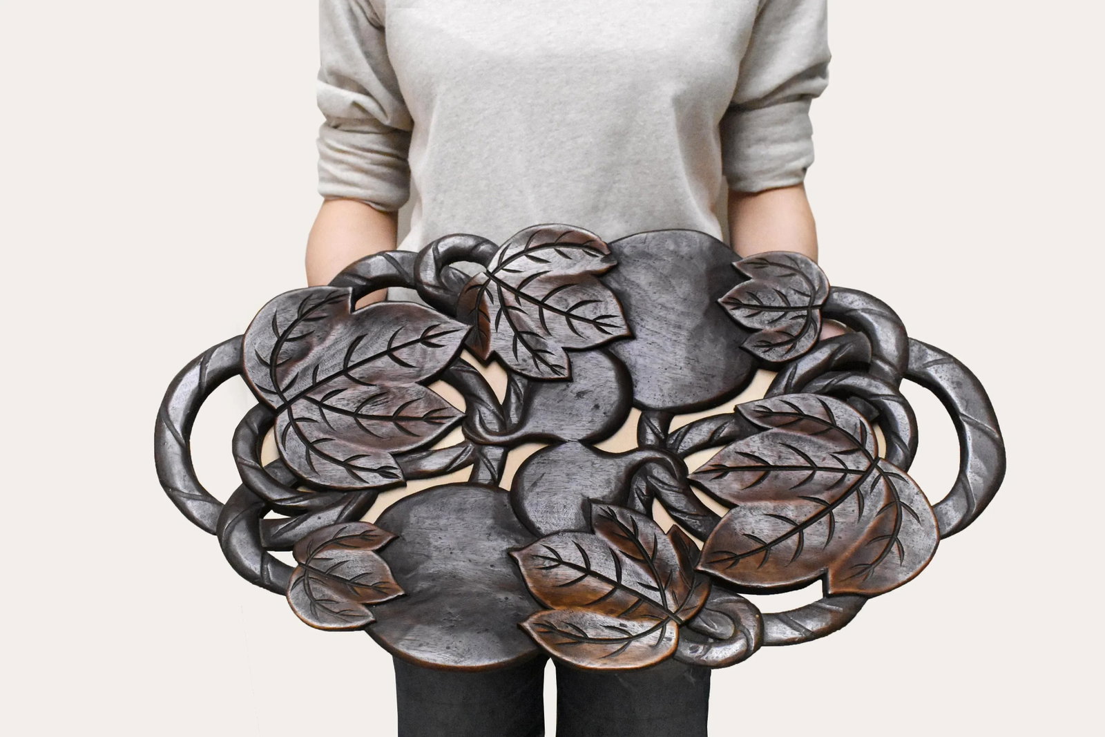 Hand Carved Solid Wood Leaves Fruit Design Tray Centerpiece - 12