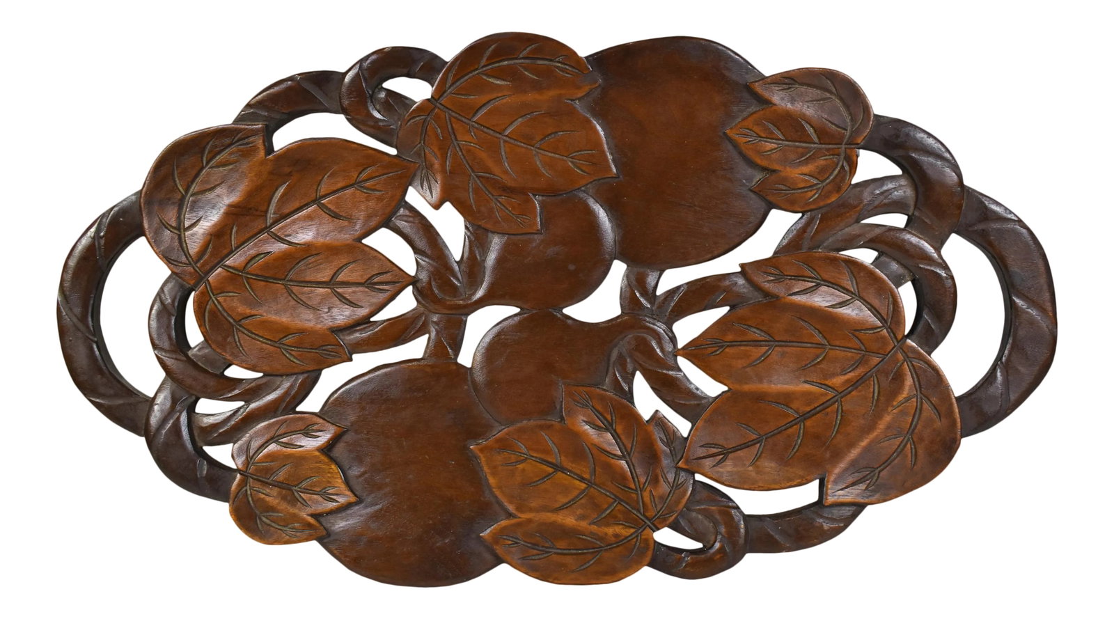 Hand Carved Solid Wood Leaves Fruit Design Tray Centerpiece: Beautiful and unique hand carved tray with leaves and fruit design is a great piece as a center piece or as a serving fruit dish. Hand carved from solid wood and the bottom has been covered with