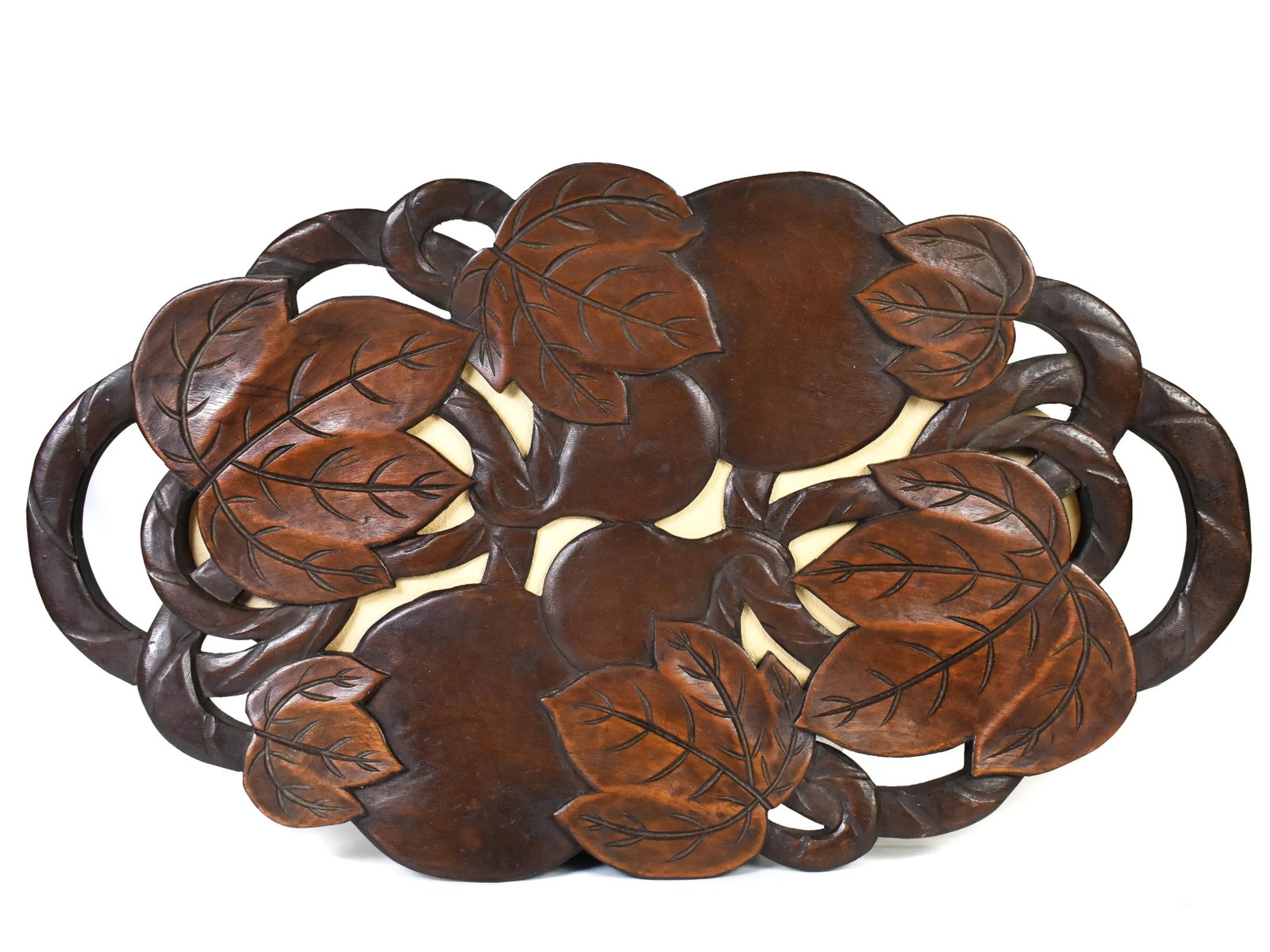 Hand Carved Solid Wood Leaves Fruit Design Tray Centerpiece - 2